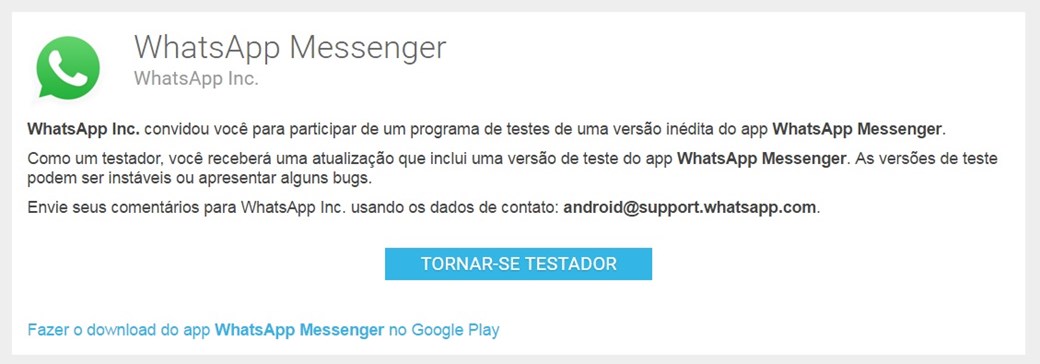Clique no botão para se tornar testador do WhatsApp na Google Play.