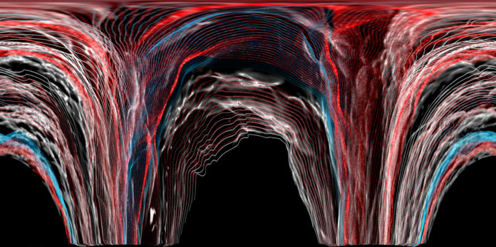 Impressão artística do zumbido de fundo das ondas gravitacionais que permeiam o Universo. Crédito: Carl Knox, Universidade de Tecnologia OzGrav / Swinburne