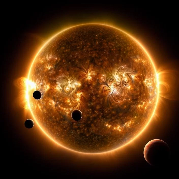 Imagem ilustra os 6 exoplanetas orbitando a estrela peculiar, para um artigo que fala sobre a descoberta desses 6 exoplanetas