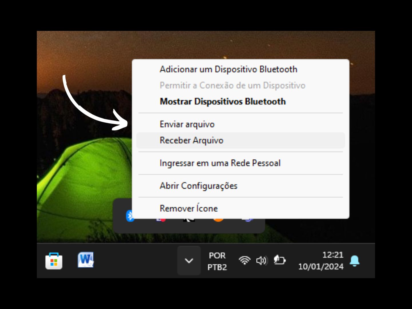 Imagem mostra seta apontando para "Enviar arquivos" onde você deve clicar para enviar arquivos via Bluetooth pelo computador