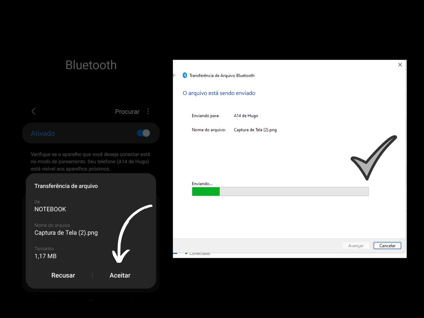 Imagem mostra uma seta apontando onde você deve clicar para receber os arquivos via Bluetooth.
