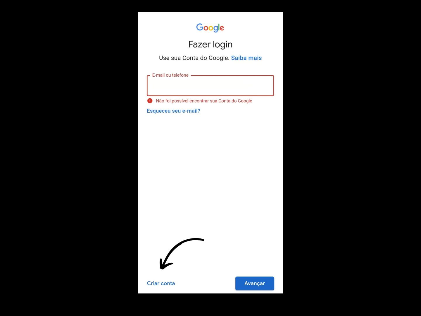 Imagem mostra seta apontando para onde você deve clicar para criar uma conta no Google