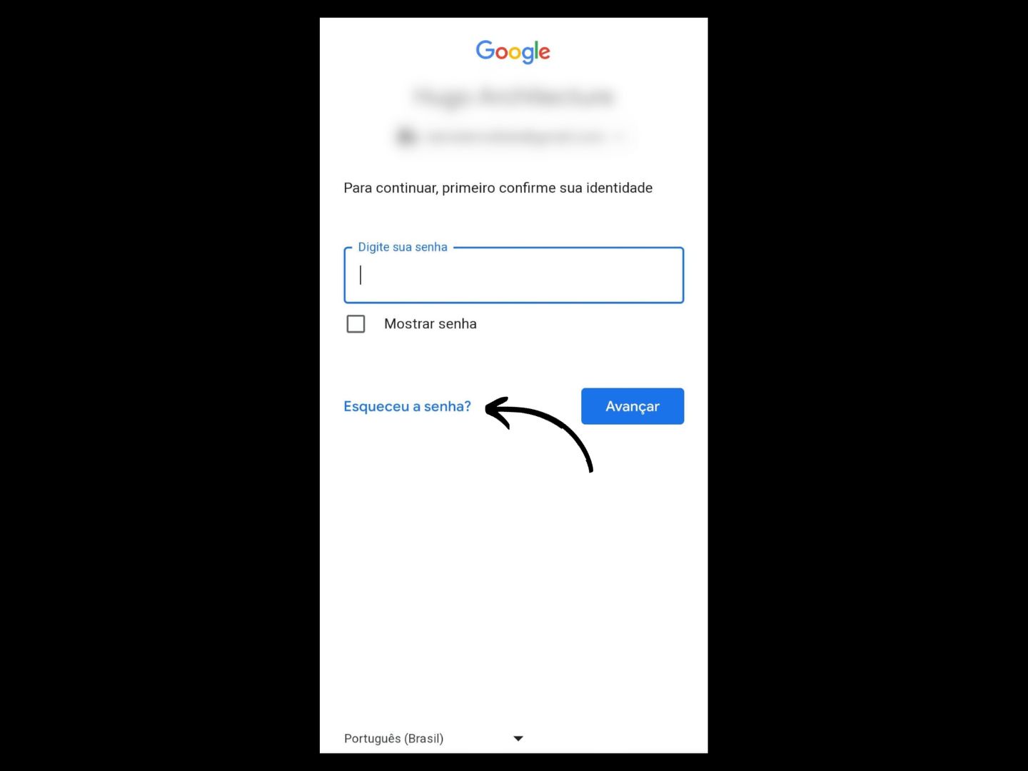 Imagem mostra seta apontando para "Esqueceu a senha?" onde você deve clicar para recuperar sua senha do Gmail