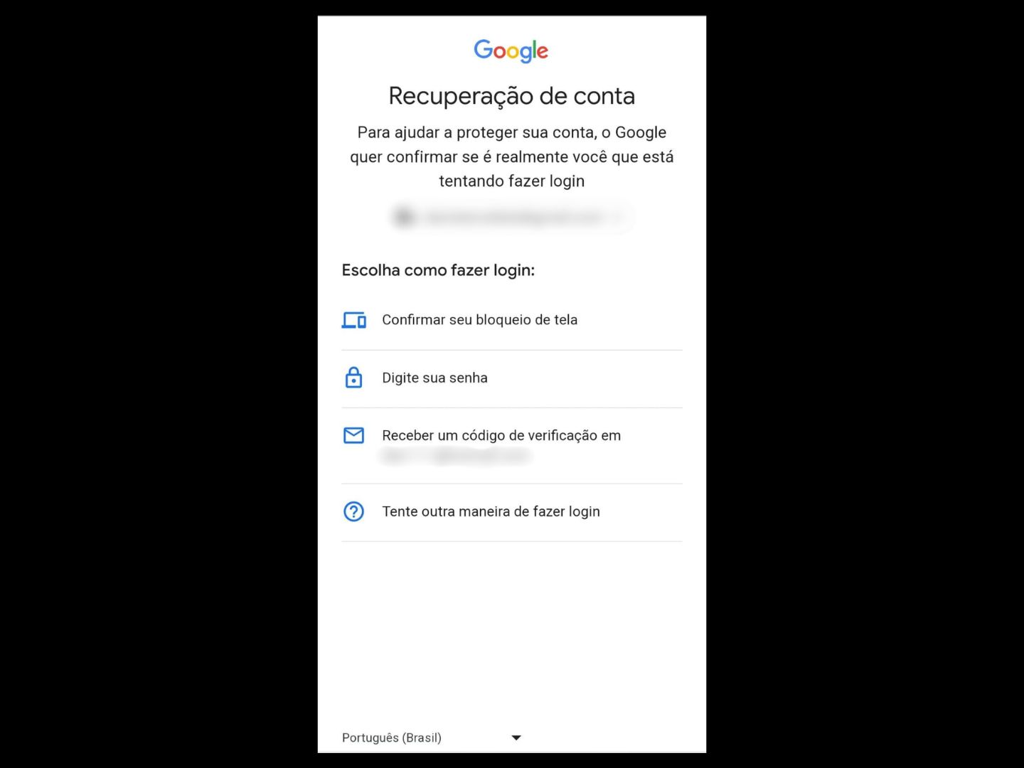 Imagem mostra opções de login que você deve escolher para recuperar sua senha do Gmail