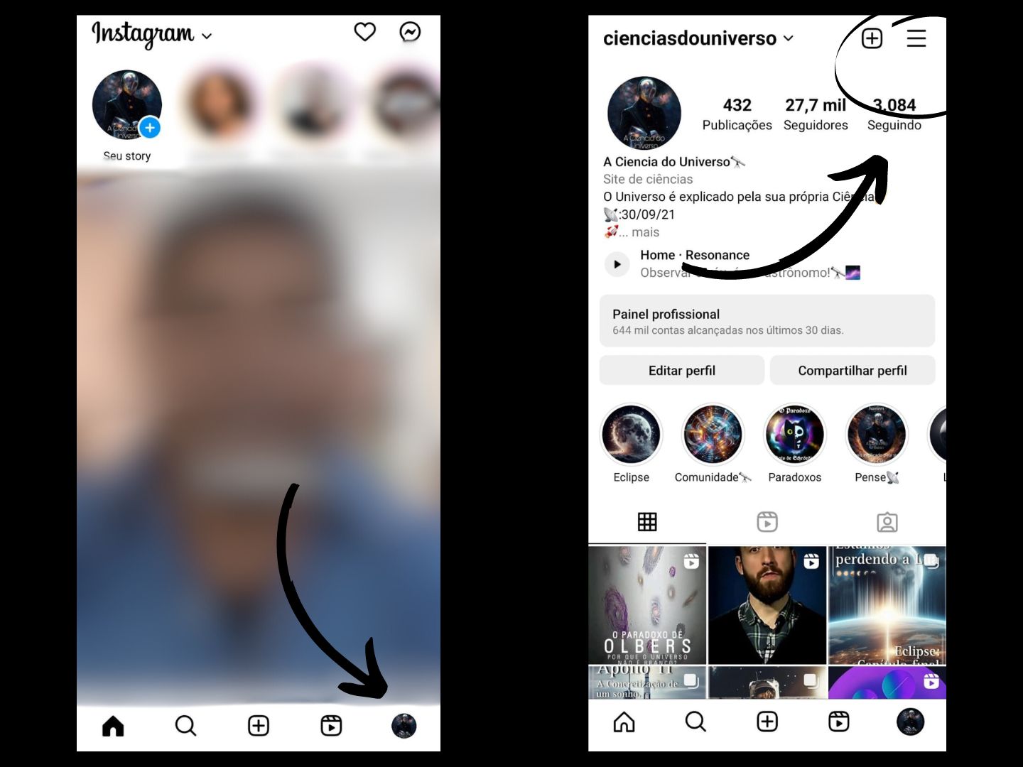 Imagem mostra seta apontando para o perfil e os 3 tracinhos para ver as publicações curtidas n Instagram
