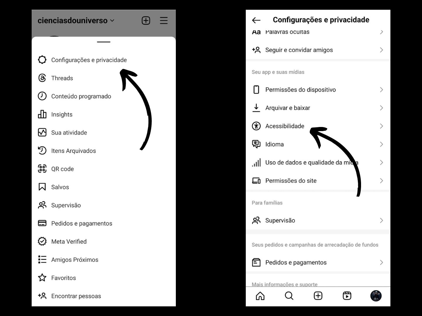 Imagem mostra seta apontando para configurações e para acessibilidade para colocar o modo escuro no Instagram