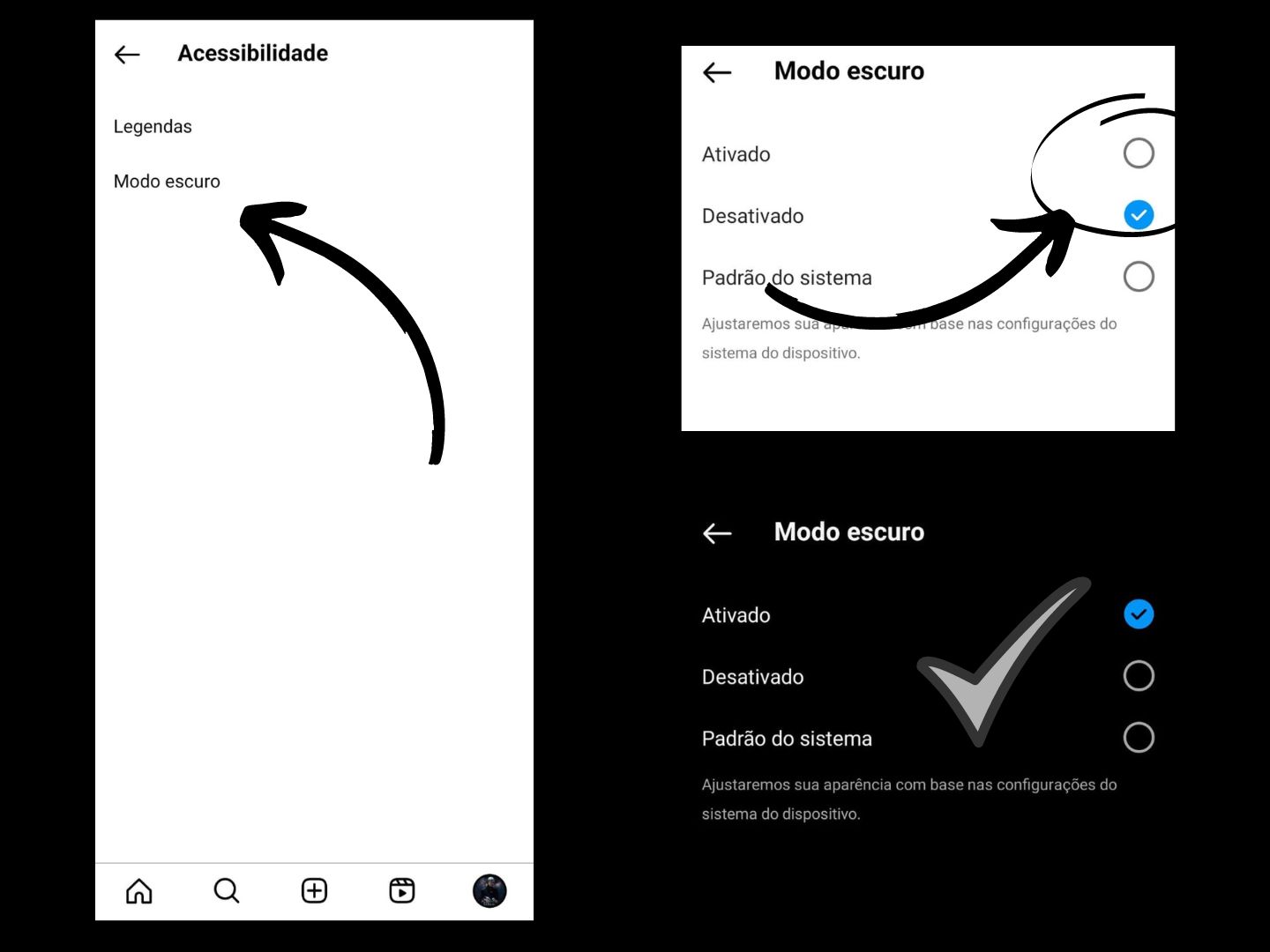 Imagem mostra seta apontando para configurações do modo escuro para altera-lo no Instagram