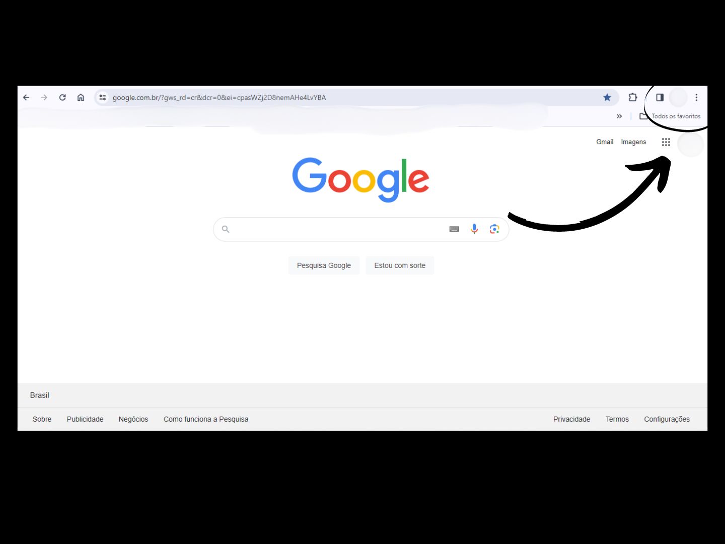 Imagem mostra seta apontando para onde você deve clicar para alterar o tema do Google