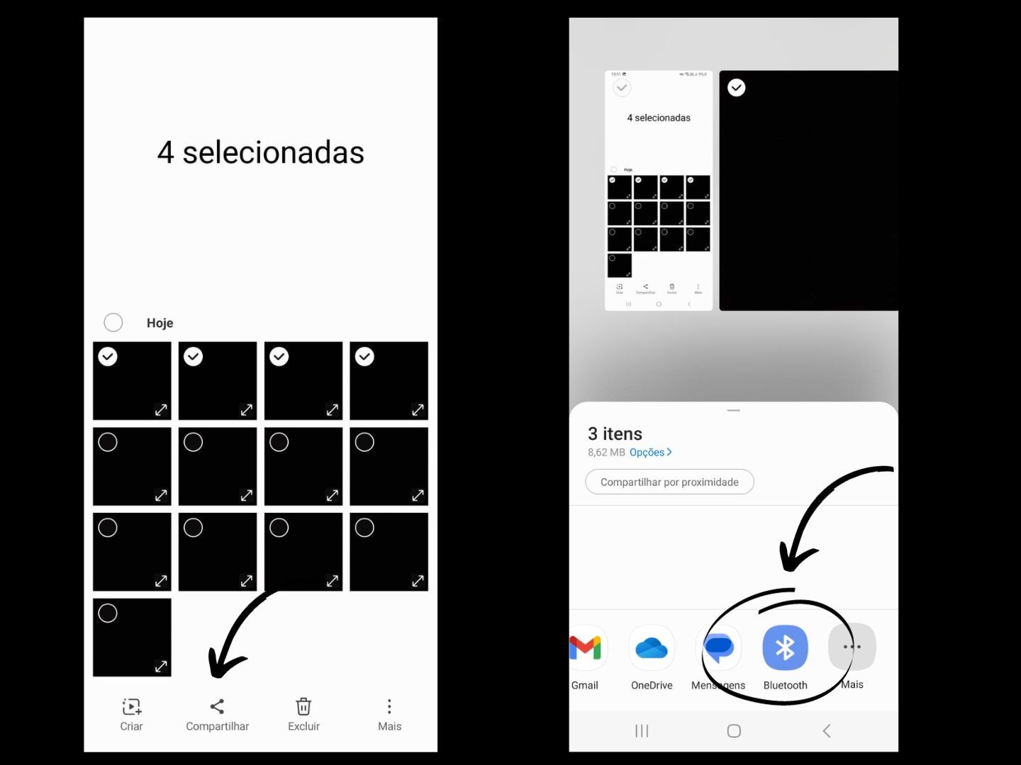 Imagem mostra dois celulares, à direita mostrando onde clicar em "compartilhar" e à esquerda mostra onde clicar para enviar arquivos via Bluetooth