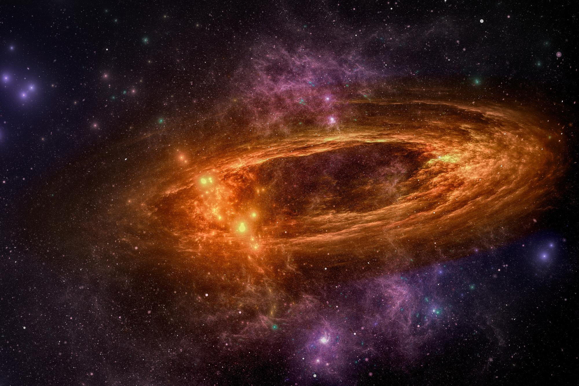 Imagem ilustra destruição de uma galáxia para um artigo do buraco negro mais antigo descoberto