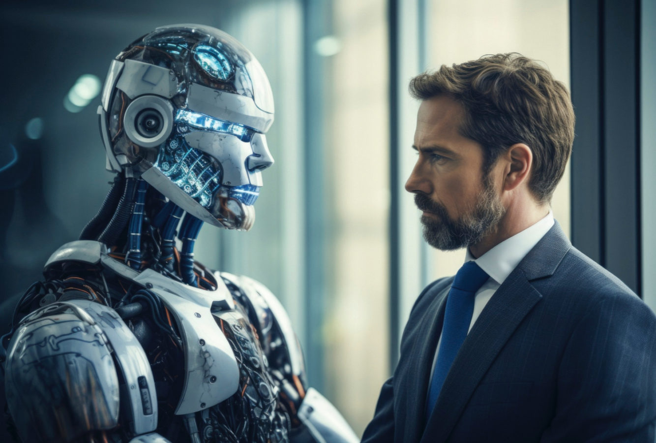 imagem mostra homem e robô para ilustrar um artigo sobre inteligência Artificial