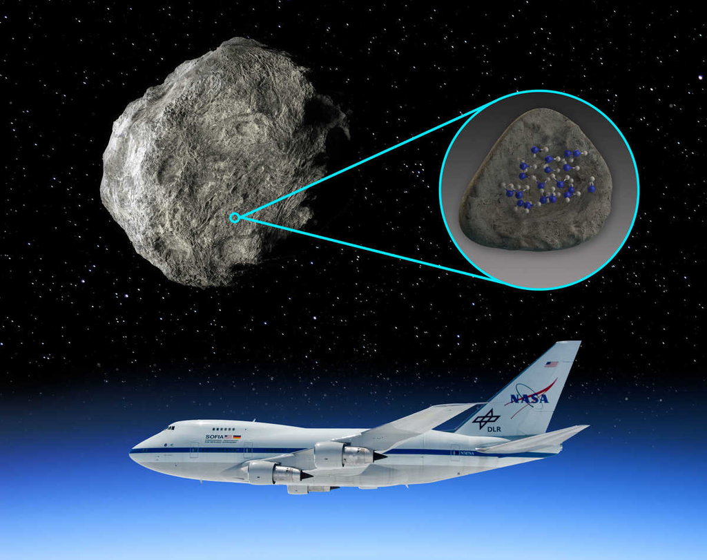 Imagem representa de um asteroide com moléculas de água, detectadas pelo SOFIA, um observatório montado em uma aeronave 