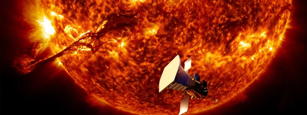 Imagem ilustra nave espacial para um artigo sobre explosão solar forte atingiu naves espaciais em missão