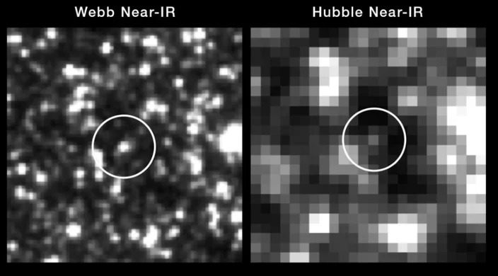 A imagem apresenta uma comparação das observações do Hubble e do Webb de uma estrela supergigante amarela (Cefeida).