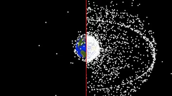 Imagem mostra o lado esquerdo mostra a órbita da Terra em seu início primitivo; o lado direito apresenta a atual quantidade de lixo que orbita o planeta.