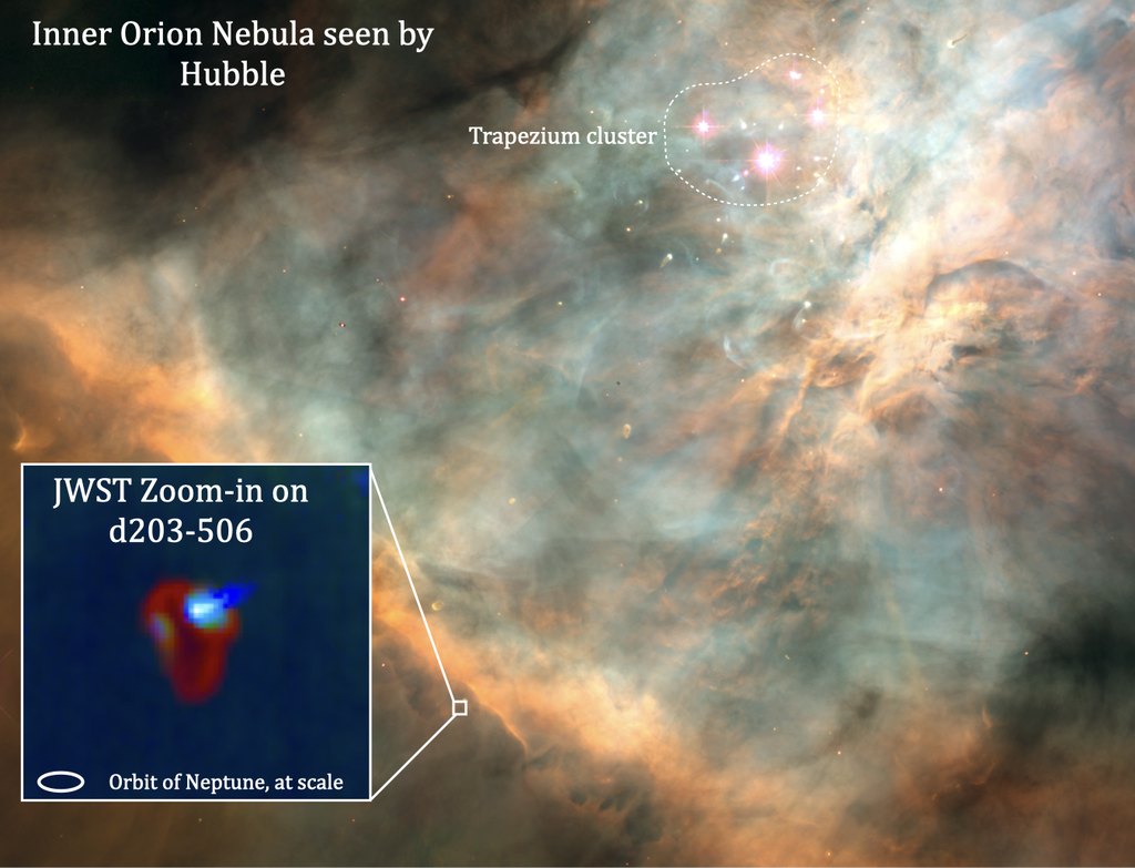 Imagem da Nebulosa de Órion capturada pelo Hubble; no detalhe, está o disco d203-506 observado pelo James Webb (