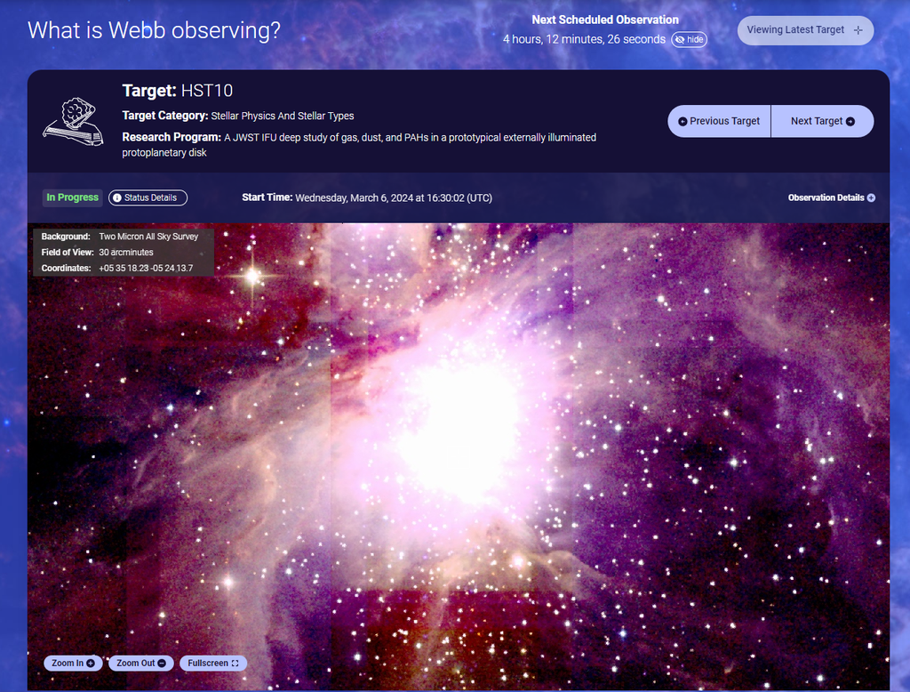 Imagem mostra site da NASA mostrando o que o Telescópio James Webb está observando em tempo real 