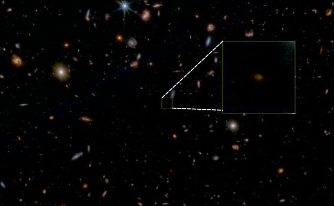 Imagem mostra visualização da galáxia JADES-GS-z7-01-QU capturada pelo James Webb