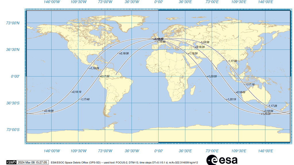 Imagem mostra mapa com estimativas da trajetória da reentrada das baterias da ISS para um artigo sobre sua reentrada na atmosfera terrestre