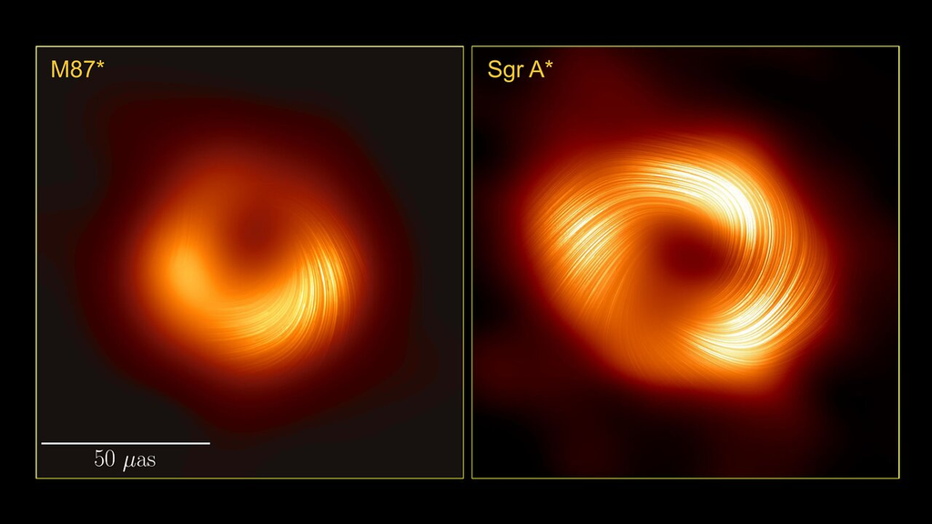 Imagem mostra Comparação das imagens dos buracos negros M87* e Sagittarius A* em luz polarizada