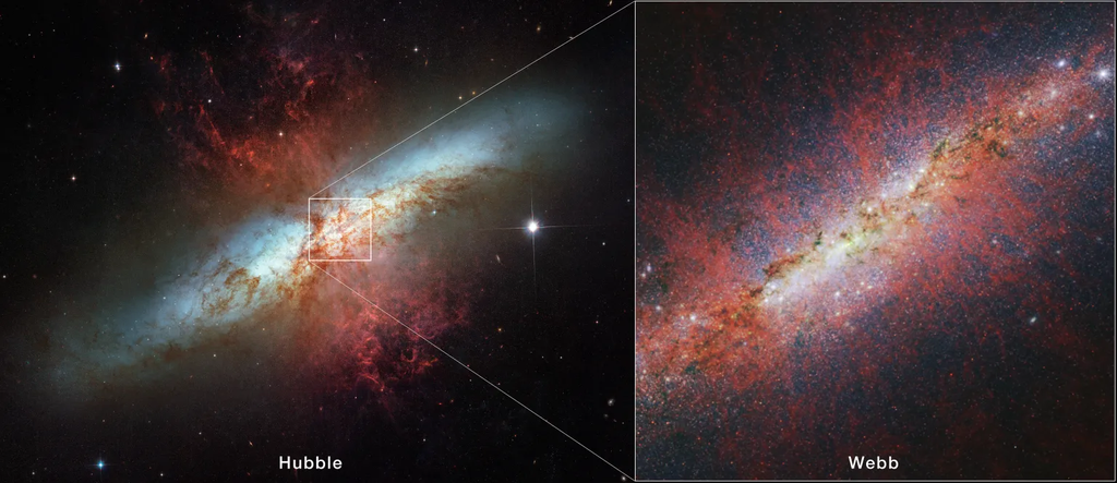 Comparação de observações da galáxia M82 pelo telescópio Hubble (esquerda) e pelo Webb (direita) 