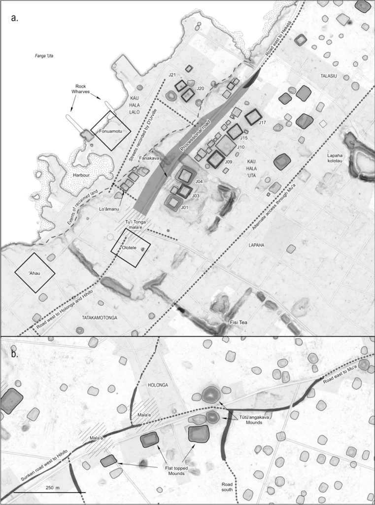 Imagem mostra As estruturas reveladas pelo LiDAR incluem estradas, montes de terra e salões comunais em Tongatapu