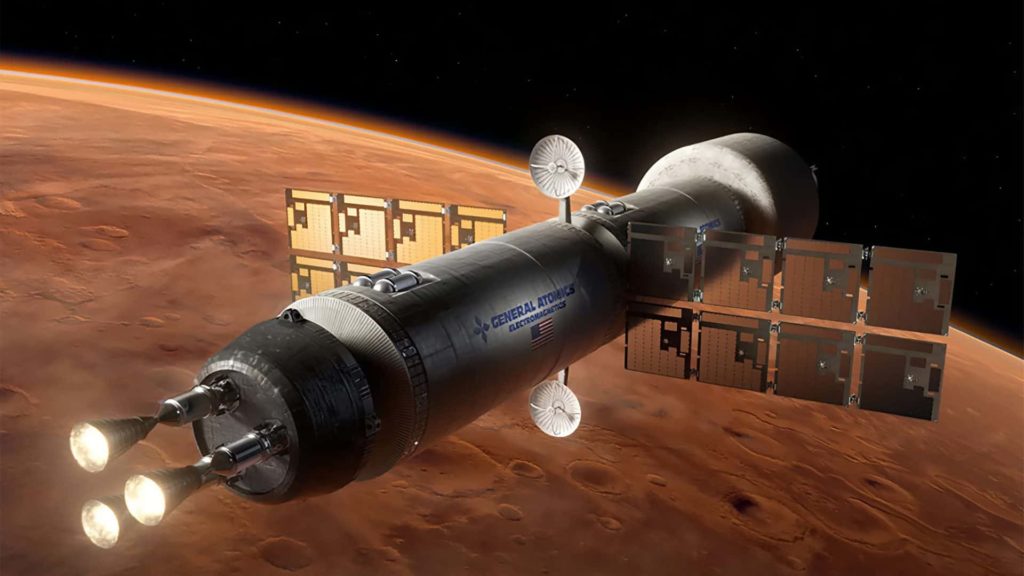 Uma espaçonave fictícia movida a **propulsão térmica nuclear** se aproxima de Marte, representando o potencial dessa tecnologia para futuras missões tripuladas ao Planeta Vermelho. **Crédito: General Atomics.**