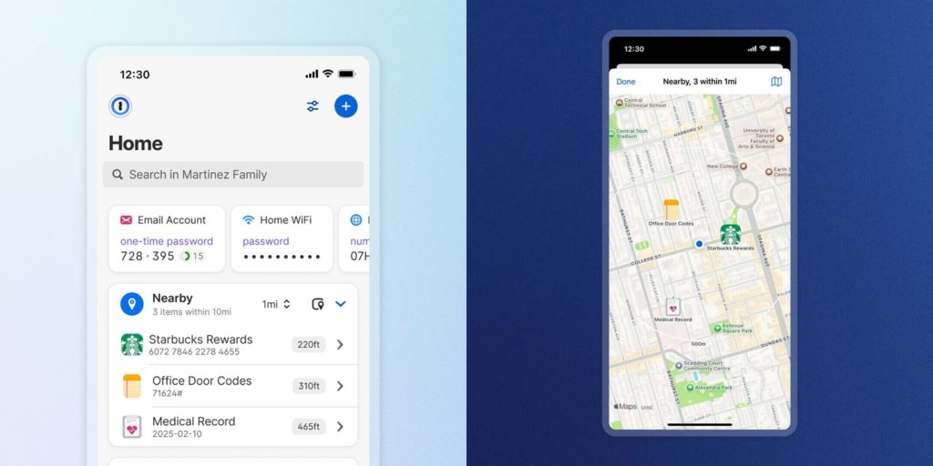 Acesso a senhas por localização no aplicativo e visualização no mapa do 1Password (imagem: reprodução/1Password).
