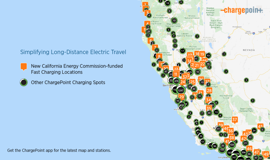 Mapa demonstrando os pontos de recarga para veículos elétricos nas estradas da Califórnia